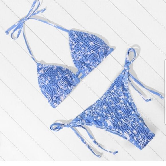 VOLAFA Women's Triangle Bikini String Swimsuit Print Tie Smocked Ruched Two Piec - Picture 4 of 14